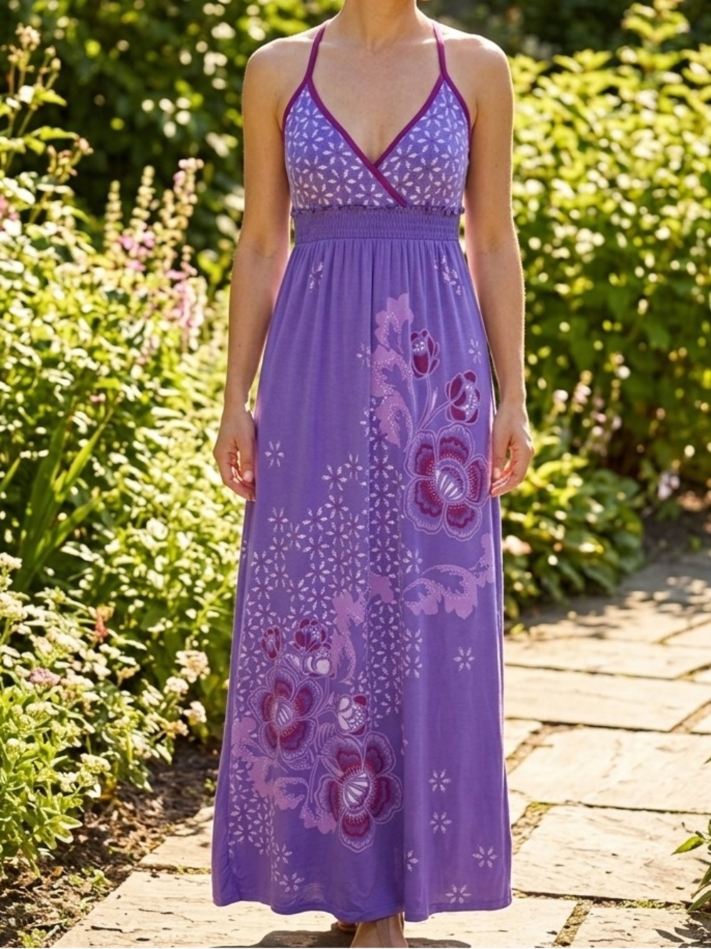 Aeropostale Purple Floral Boho Y2K Maxi Dress Surfer Hippie V-Neck Halter M EUC